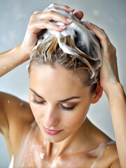 Naklejka premium woman washing her head from the top down with shampoo