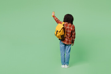 Full body back rear view young teen girl student she wear brown yellow casual clothes backpack bag hold books paint graffiti isolated on plain green background. High school university college concept.