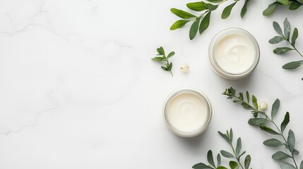 Minimalist flatlay of cream jars and greenery on a white marble surface, soft lighting, clean lines, top view