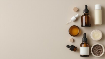 Minimalist flatlay of skincare bottles and droppers on a textured grey background, simple and clean design, top view