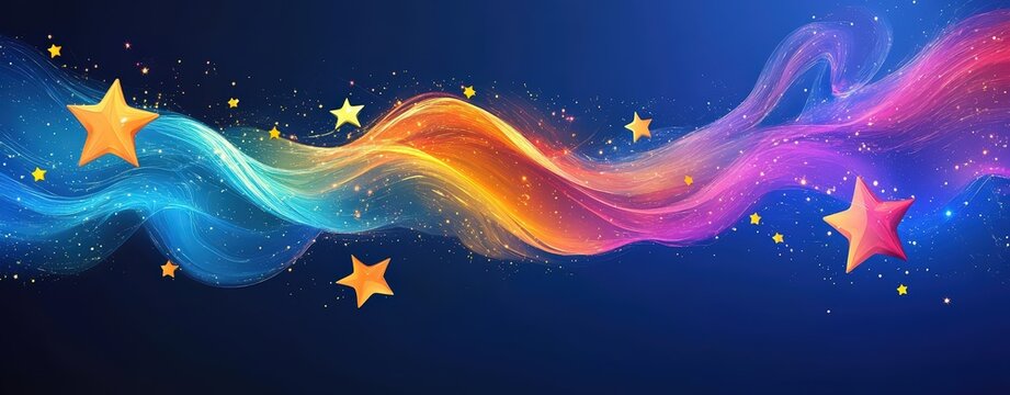 Vibrant abstract background with colorful waves and glowing stars on a dark blue backdrop, creating a magical and whimsical design.