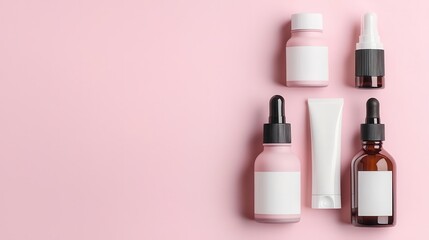 Flatlay of skincare bottles on a soft pink background, minimalist design, soft lighting, top view