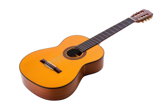 Beautiful wooden guitar isolated on a white background, showcasing its craftsmanship and design. Perfect for music lovers.