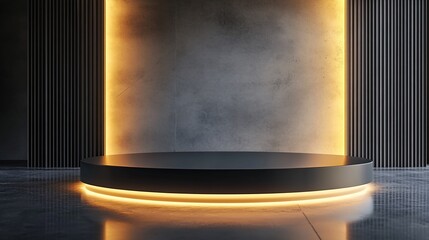 63. Podium display for product mockup background 3D. Elegant 3D display podium with a reflective surface and ambient lighting, creating a professional product showcase.