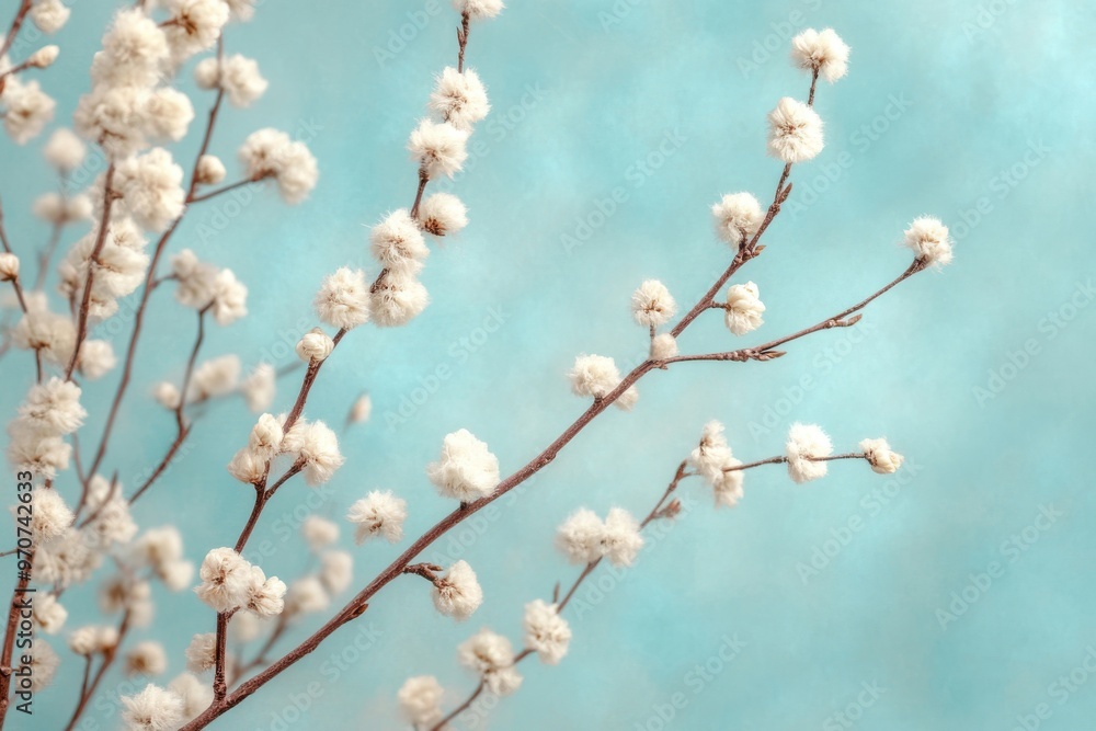 Poster spring focus on delicate, fuzzy willow twigs showcasing gorgeous subdued hues set against a teal sky