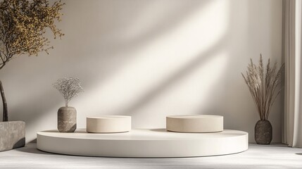 64. Podium display for product mockup background 3D. Stylish 3D podium setup with layered platforms and soft shadows, designed for high-quality product displays.