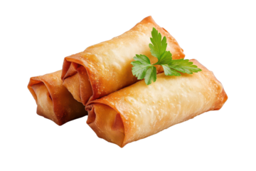 Crispy fried spring rolls filled with delicious vegetables. Perfect for appetizers or snacks, garnished with fresh herbs.