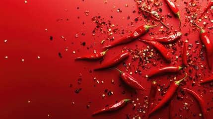A close-up of red chili peppers scattered on a bright red background, emphasizing spice and heat.