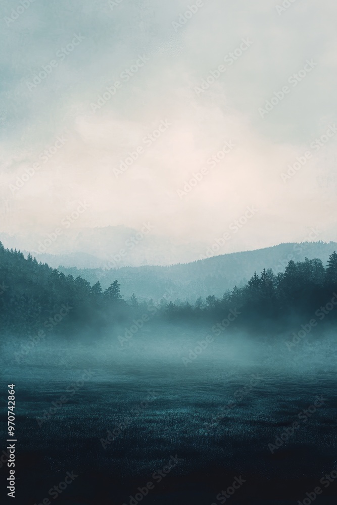 Poster a smooth gradient background from blue to gray, presenting a sky of dusk or dawn with subtle grainin