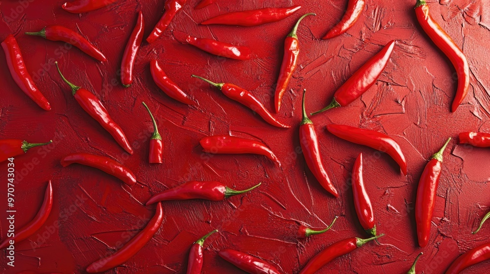 Wall mural a close-up of red chili peppers scattered on a bright red background, emphasizing spice and heat.