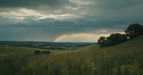 Fototapeta premium Rainbow forming over rolling hills with wildflowers