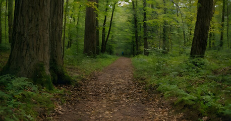 Obraz premium Hiking trail winding through lush green forest in summer