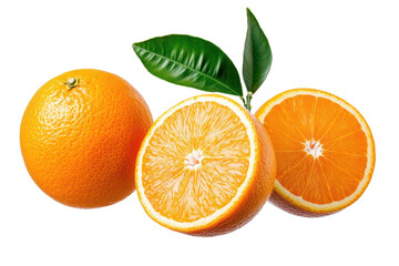 Fototapeta premium Fresh and juicy orange with green leaves, showcasing its vibrant color and sliced pieces for delightful presentation.