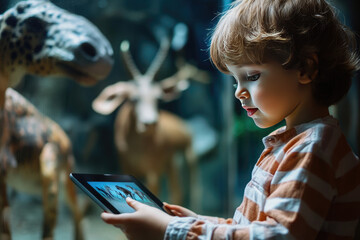 Child is interacting with a 3d animation of wild animals projected from a tablet, enjoying augmented reality technology