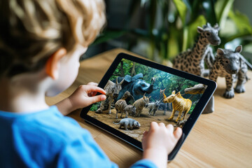 Child is interacting with a 3d animation of wild animals projected from a tablet, enjoying augmented reality technology