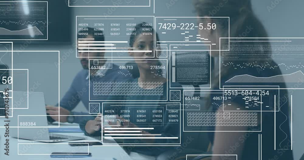 Poster animation of data processing over diverse colleagues discussing work in office