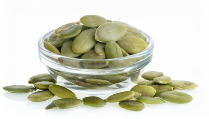 Peeled pumpkin seeds in a wooden bowl concept background. ai generated