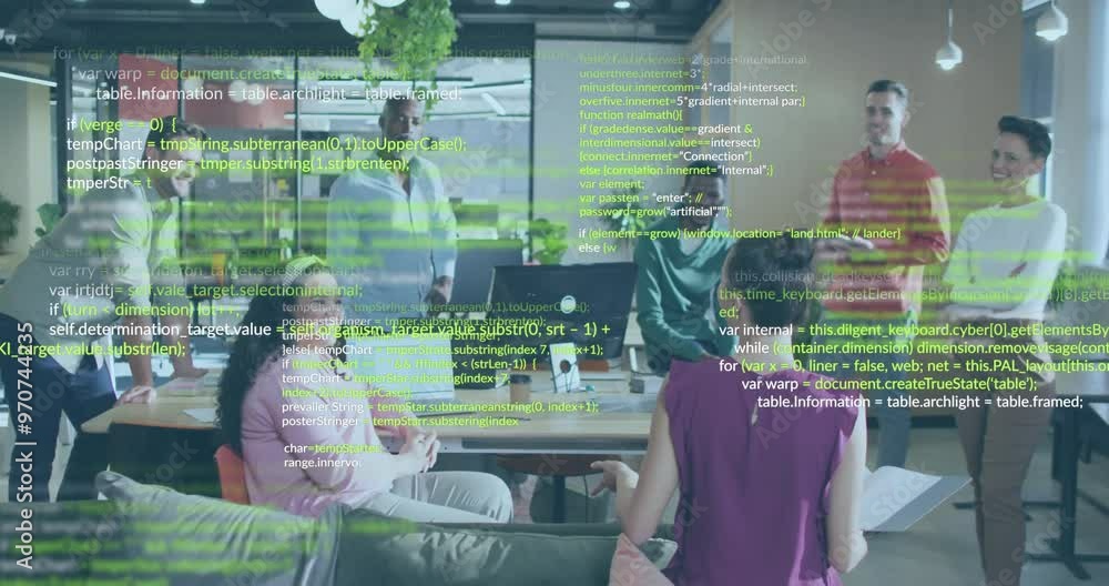 Aufkleber animation of data processing over diverse colleagues discussing work in office