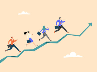 Business growth with businessman people employees running on career path arrow in the rising direction