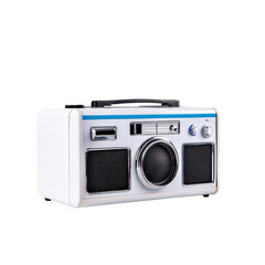 Retro white radio with blue accents, perfect for vintage-themed designs, music nostalgia, and interior decor.