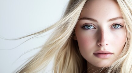 Obraz premium Une fille blonde, âgée de 20 ans, aux yeux bleu vert et à la peau impeccable, sur fond blanc, représentant les services offerts par un spa ou un salon de maquillage, image avec espace pour texte.