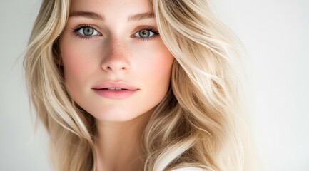 Naklejka premium Belle femme blonde aux yeux captivants et aux cheveux longs sur fond blanc représentant les services offerts par un spa ou un salon de maquillage.