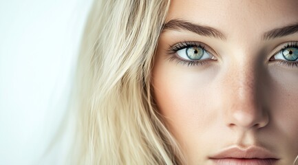 Fototapeta premium Gros plan du visage d'une magnifique fille blonde aux yeux clair, peau impeccable, sur fond blanc, représentant les services offerts par un spa ou un salon de maquillage, image avec espace pour texte.