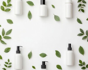 Skincare products arranged in a geometric pattern, flatlay, minimalism, white background, clean lines, top view