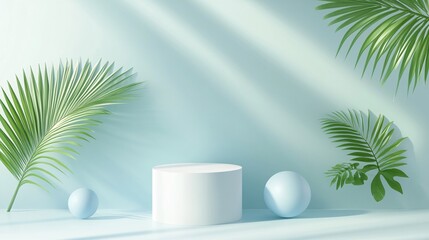91. Abstract white cylinder pedestal podium, light blue empty room with green palm leaf, blue and white sphere. Vector rendering 3d shape, product display presentation. Pastel room minimal wall