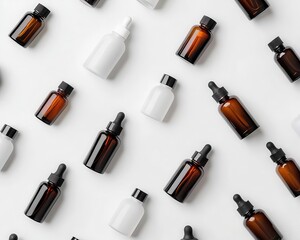 Flatlay of skincare bottles arranged in a geometric pattern on a white surface, minimalist and clean design, top view