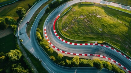 Detailed aerial photo of race track with red and white curbstones surrounding landscape includes green fields