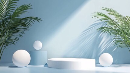 100. 3D realistic empty studio room white and blue cylinder podium stand with circle backdrop decoration sphere light balls and palm leaves on minimal wall scene blue background. Product display.