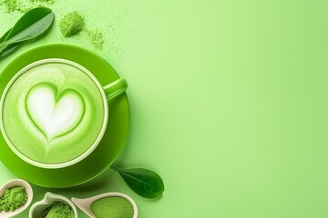 Top view of a matcha latte coffee with heart shape on green background. Embracing sustainability and eco lifestyle