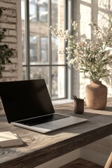 A laptop rests on a rustic wooden desk, bathed in soft sunlight streaming through a large window. A vase filled with delicate white flowers adds a touch of elegance to the workspace.