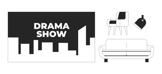 Studio equipment for talk-show broadcast black and white 2D line objects set. Drama show banner, spotlight, furniture isolated clip arts vector outline items collection. Monochrome spot illustrations