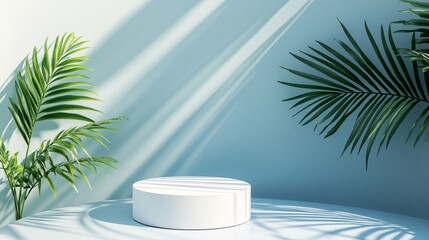 Fototapeta premium 104. White podium on pastel blue background with palm leaves and sunlight elements, 3D rendering illustration. Stylish white pedestal with palm leaves and subtle sunlight rays on a pastel blue