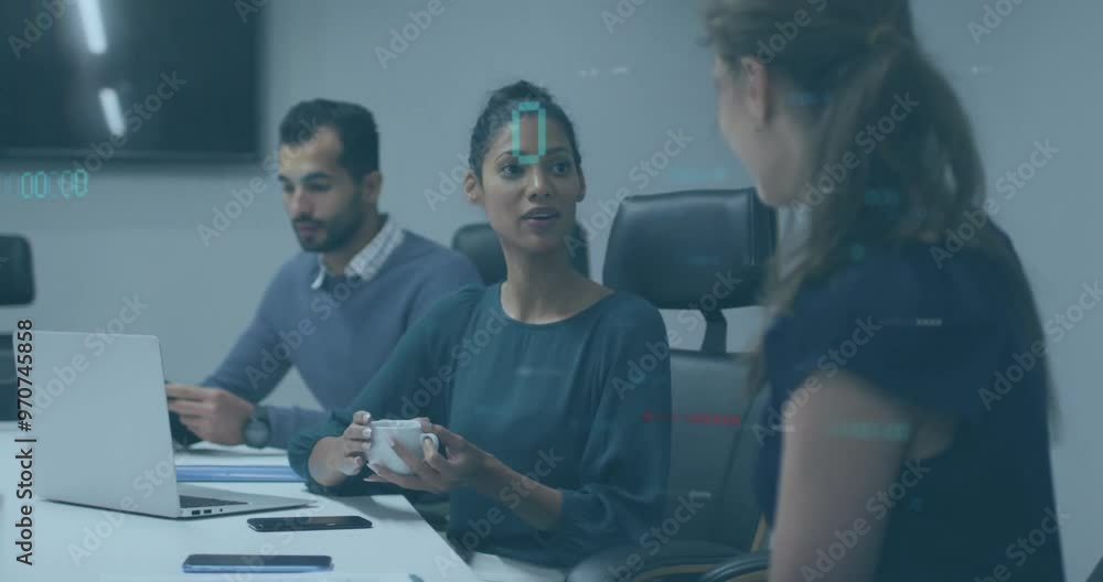 Poster animation of data processing over diverse colleagues discussing work in office