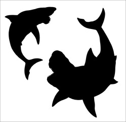 Prehistoric shark Megalodon attacks the Helicoprion. Fight between predatory fishes. Vector drawing.