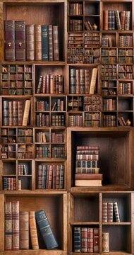 Old books mosaic loop. Library, knowledge, literature, learning concepts. AI images were used as design elements. Vertical video.