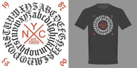Vector illustration t-shirt NYC. Retro GOTHIC font in circle. Brooklyn, Queens, Harlem, Bronx. Sticker, decal, typography poster for printing. Old style written on outline. Calligraphic patterns
