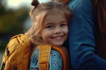 Happy family preparing for school. Little girl with mother.