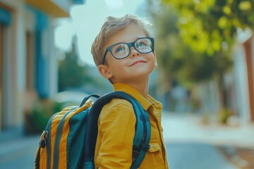 Excited child with glasses goes to elementary school for first time