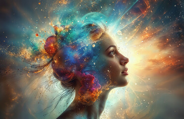 Fantasy portrait of a beautiful woman with creative hairstyle and colorful splashes.