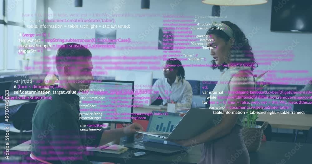 Poster animation of data processing over diverse colleagues discussing work in office