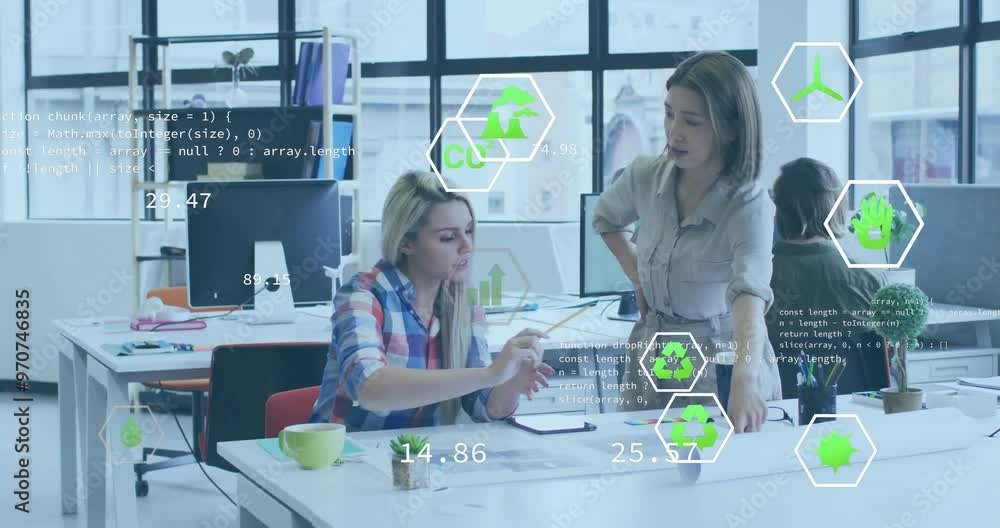 Poster animation of data processing and ecology icons over diverse colleagues discussing work in office