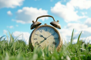 Clock in grass against bright sky  daylight saving time concept.