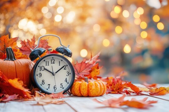 Fall back with clocks  autumn decor  and daylight saving time.