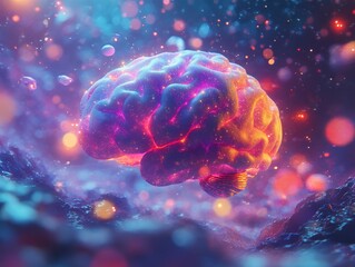 Obraz premium A vibrant representation of a brain surrounded by colorful particles, symbolizing creativity and intelligence.