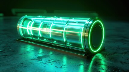 Glowing green power neon futuristic energy storage, high capacity rechargeable lithium ion battery