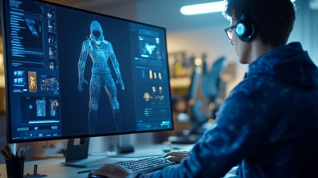 Young 3D designer creates video game character or clothes, works remotely from home on computer and big digital screen with professional software interface and tools for 3D modeling and design.